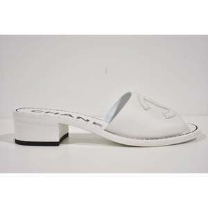 Chanel 22S White Calfskin Leather CC Logo Mules Slide Sandal Block Heel Flat 37